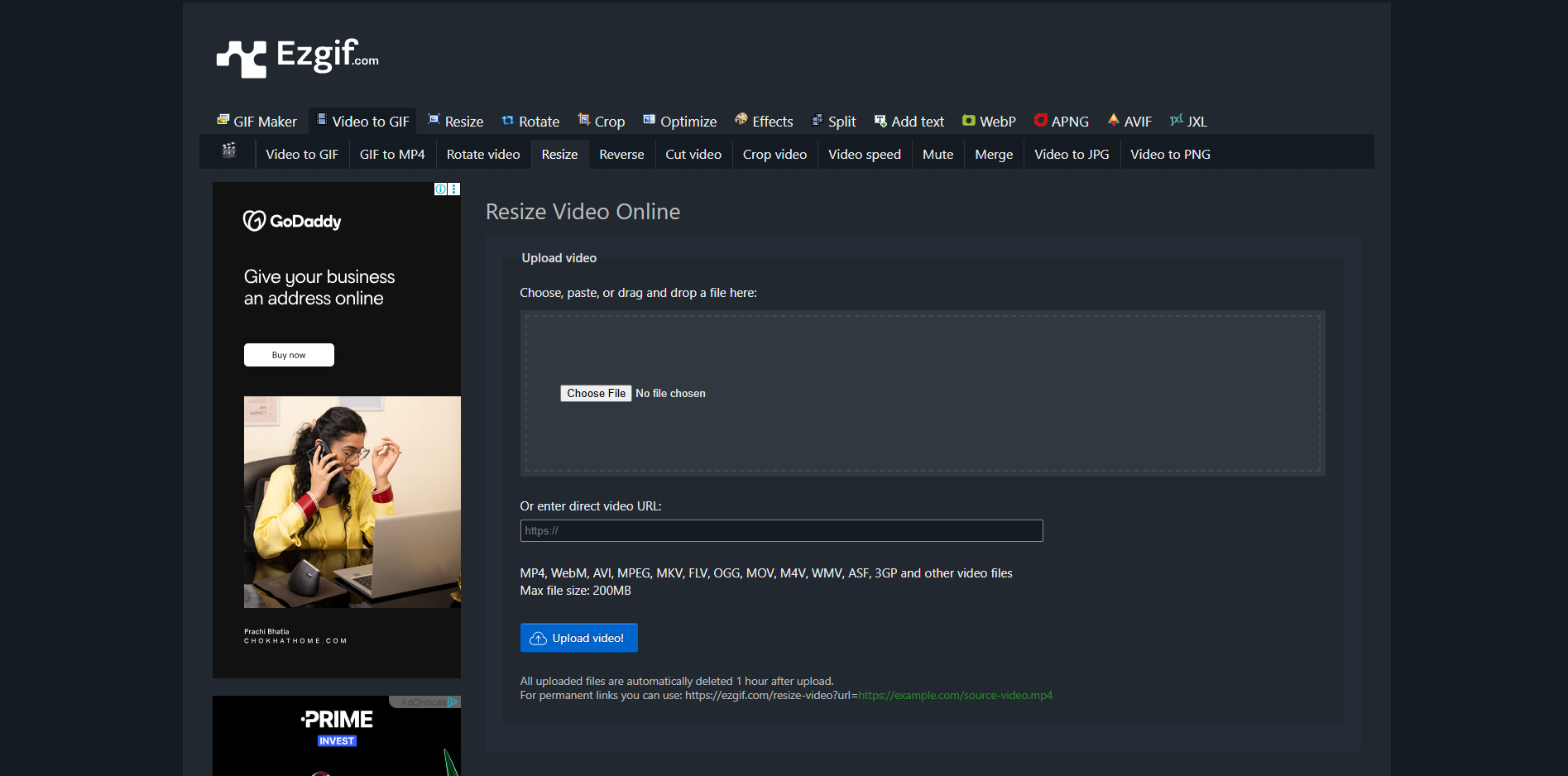 Interface d'Ezgif - un autre redimensionneur vidéo en ligne gratuit