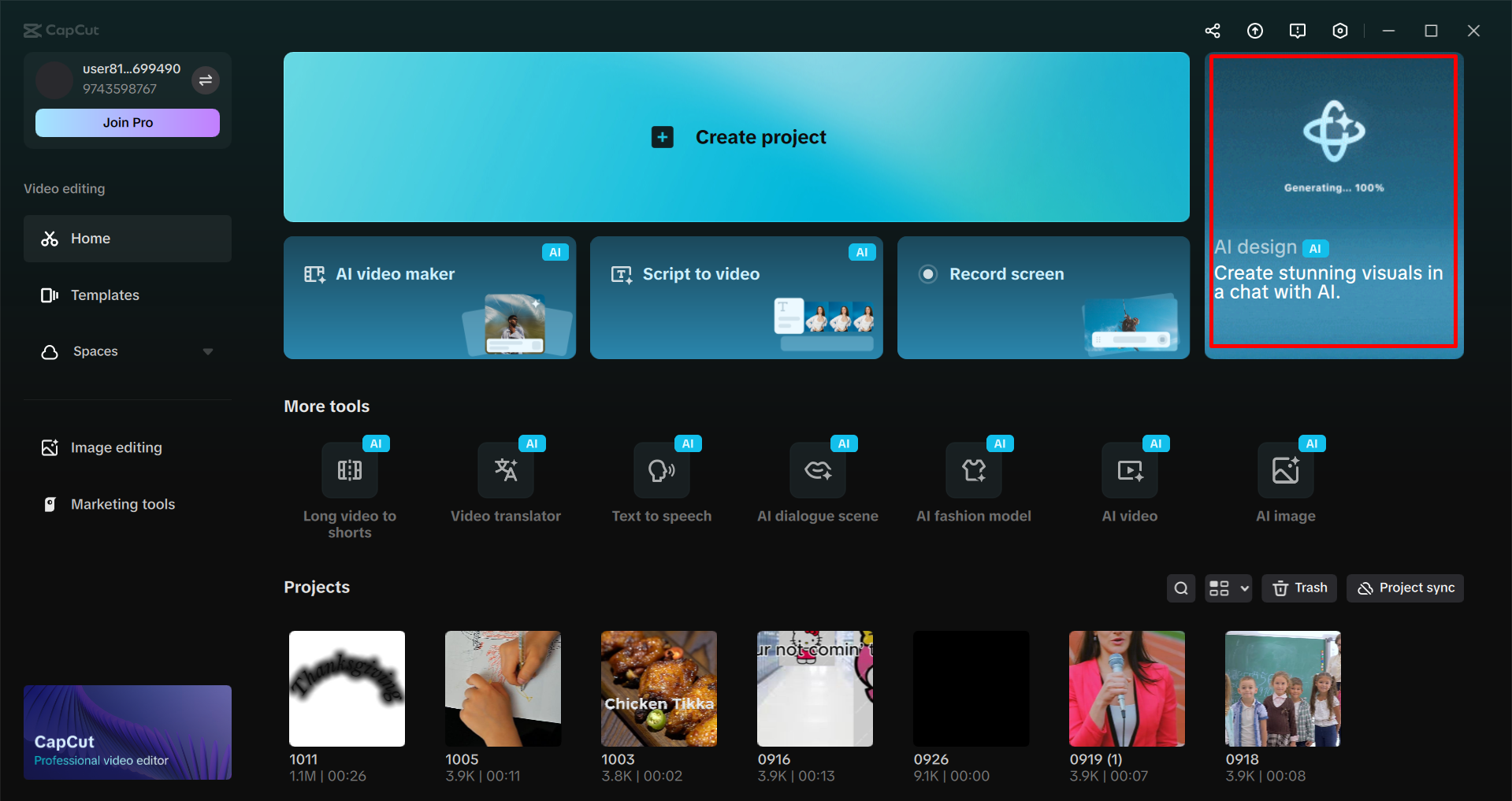 Accessing the AI design tool in the CapCut desktop video editor