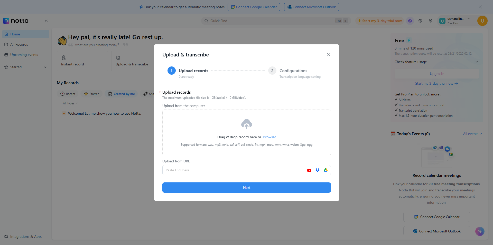 Interface of Notta AI - another way to translate Chinese-to-English subtitles