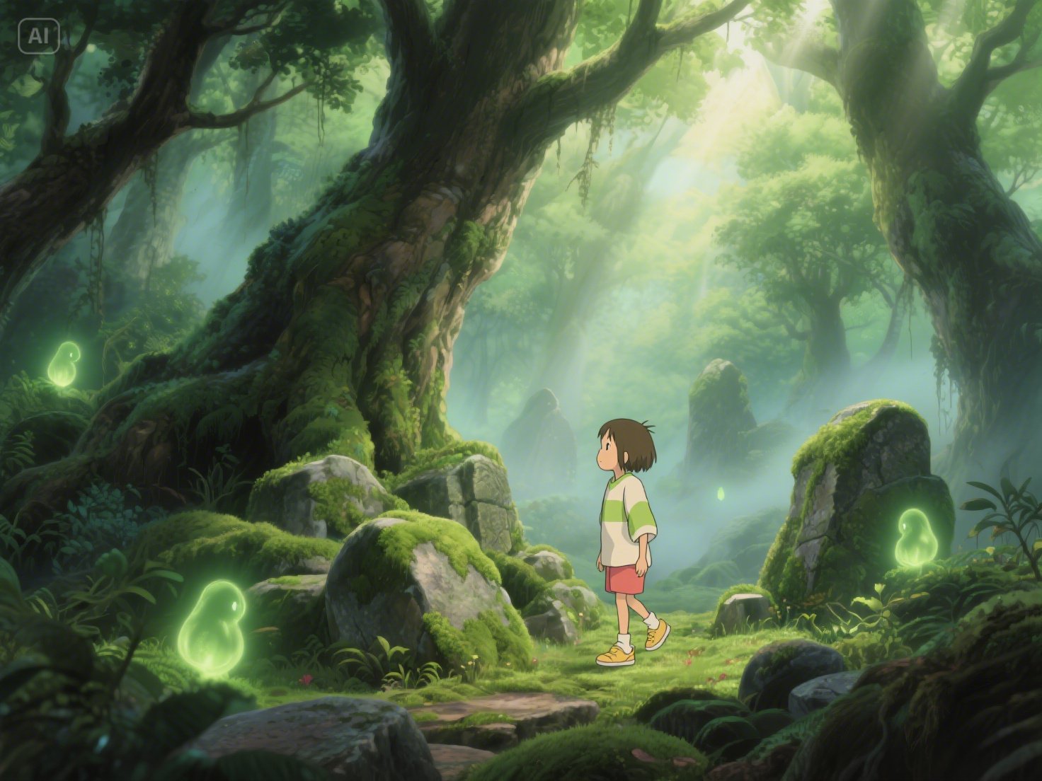 Studio ghibli ai görüntü üreteci ile büyülü orman sahnesi