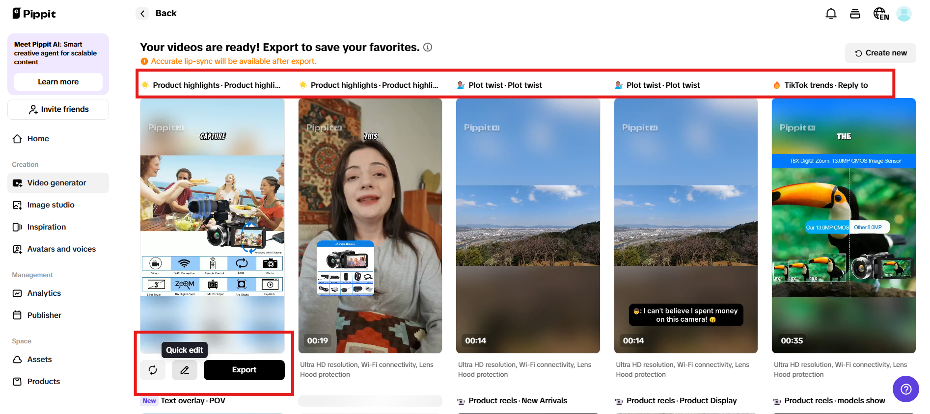 Preview generated videos and click Quick edit