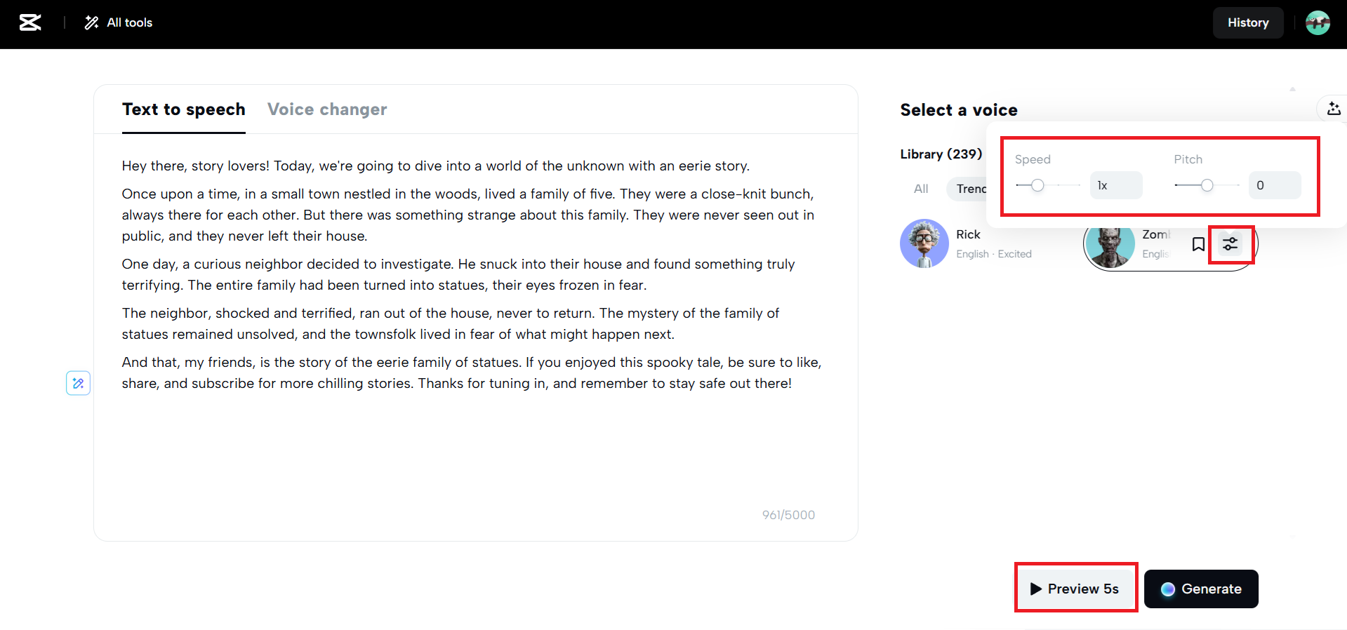 Adjust the speed and pitch and click on the preview