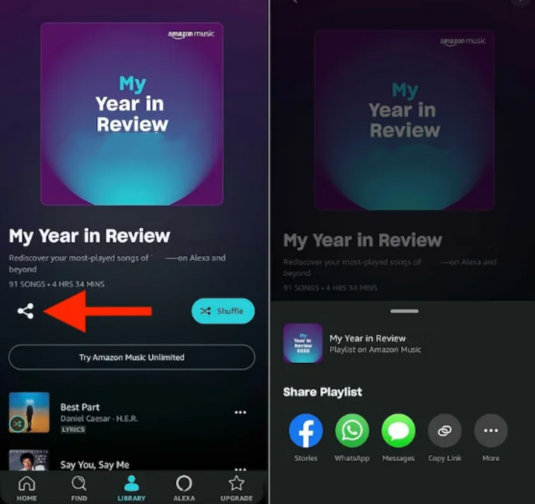 モバイルでAmazon Music Wrappedのプレイリストを共有する