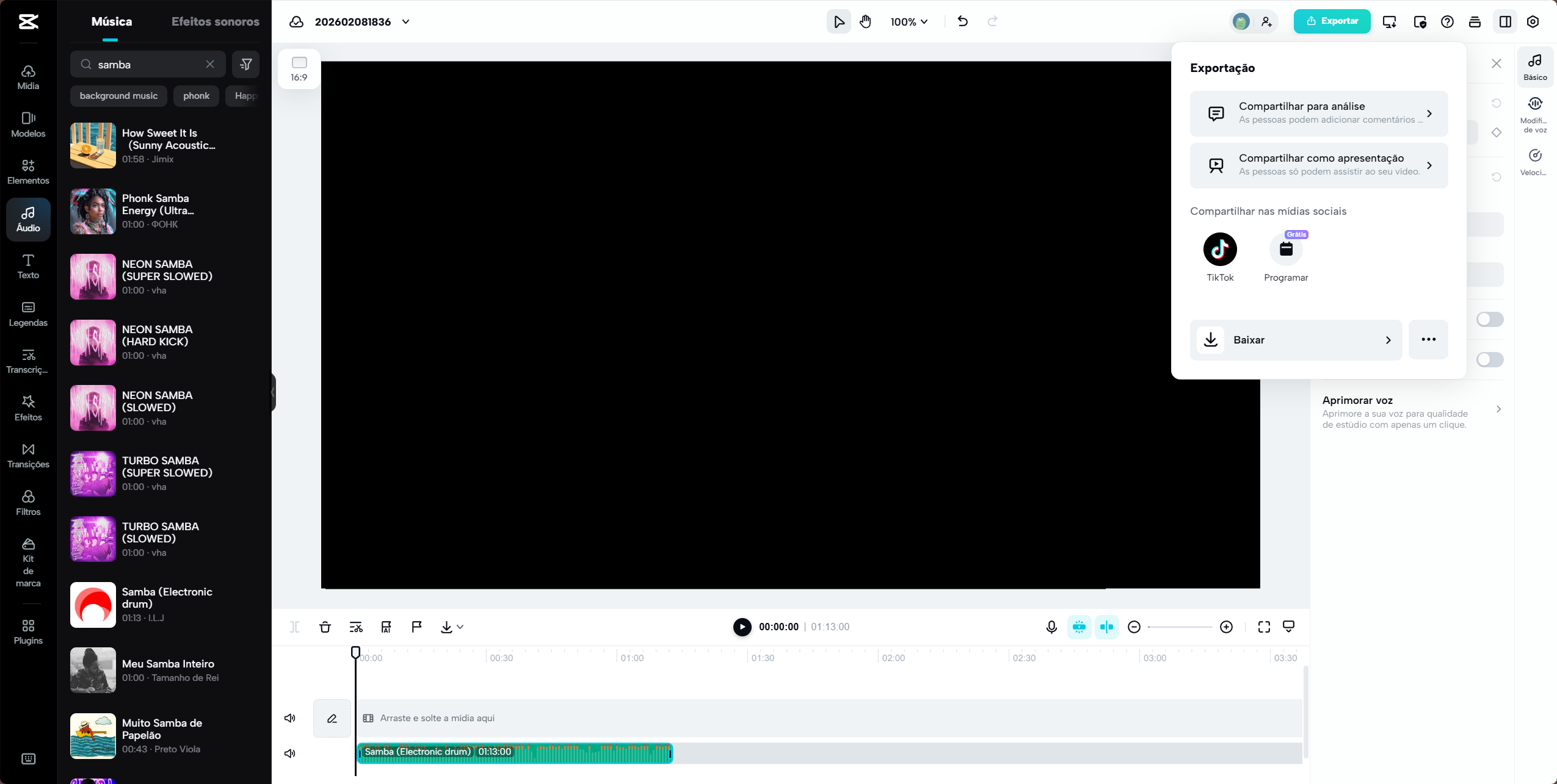 CapCut Online showing audio export options, format selection, and a button to save and share the final file