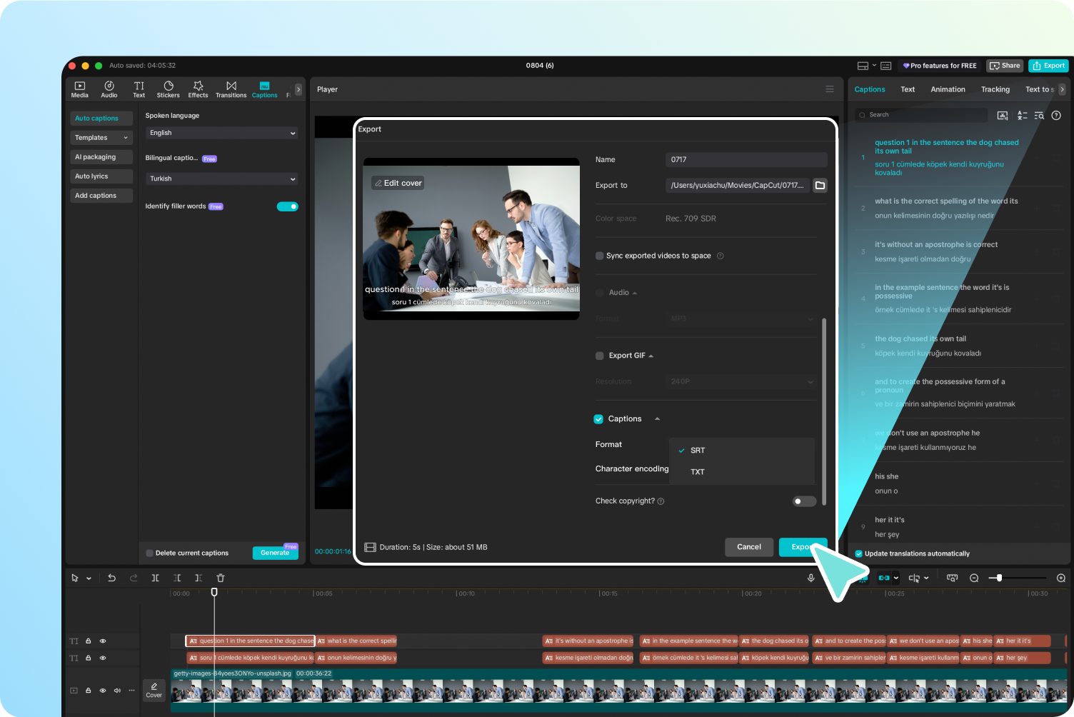 Preview and export captions from CapCut