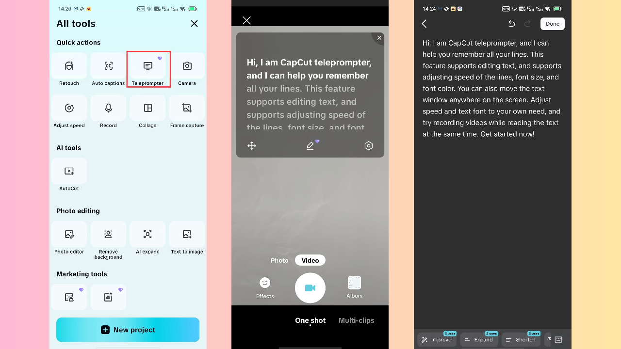 CapCut App's teleprompter interface
