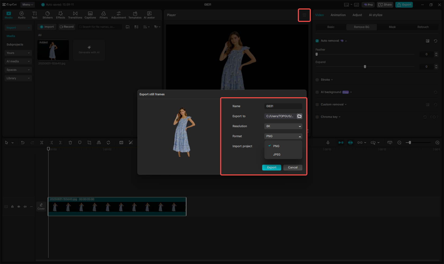 Exporting the transparent background image in CapCut