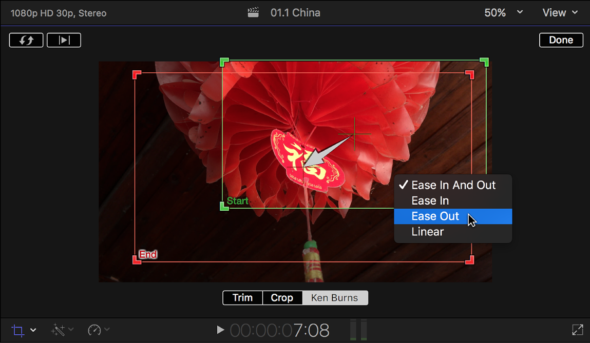 Ken Burns effect sa FCPX na nagpapakita ng zoom at pan