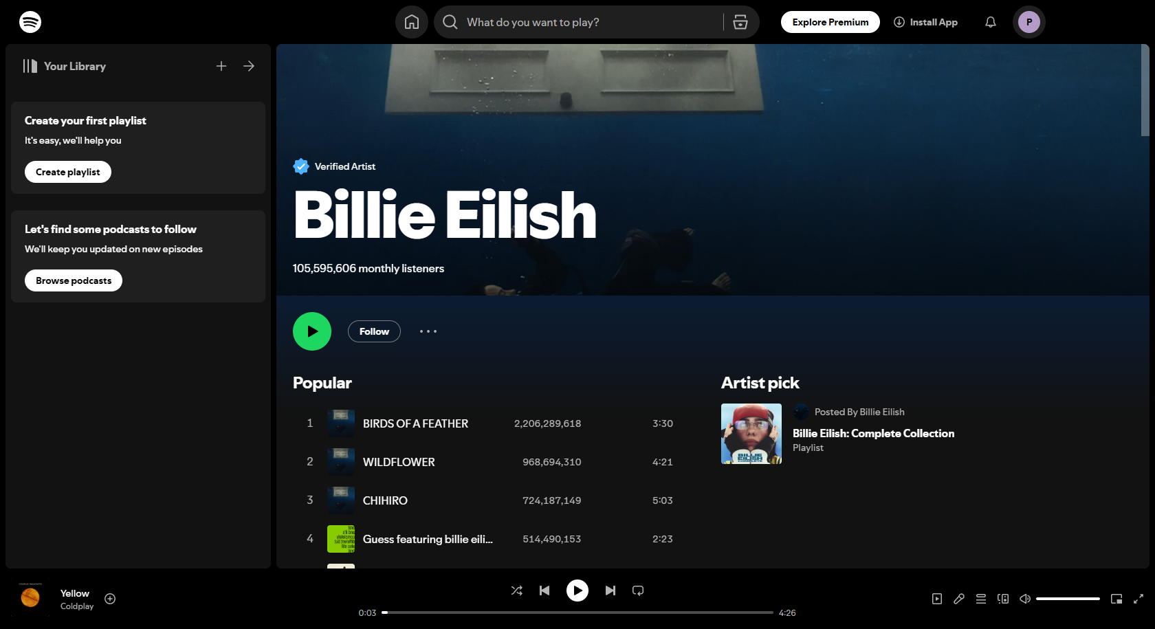 Interface Spotify de Billie Eilish