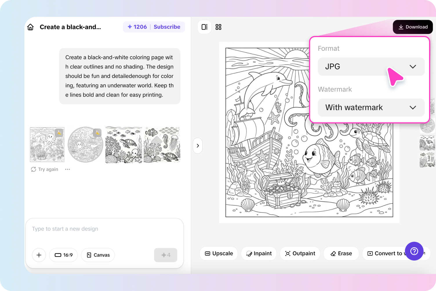 Exporting coloring pages from Pippit
