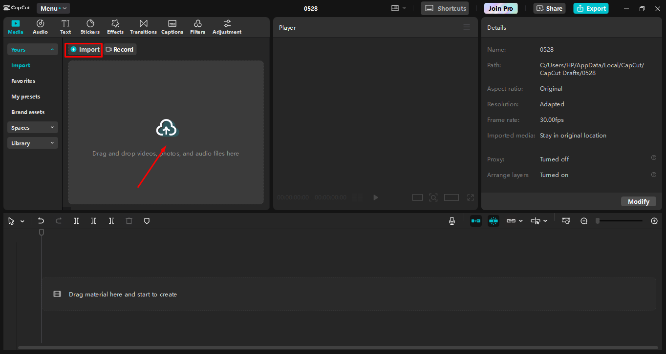 Importieren von Medien in den CapCut Desktop-Video-Editor