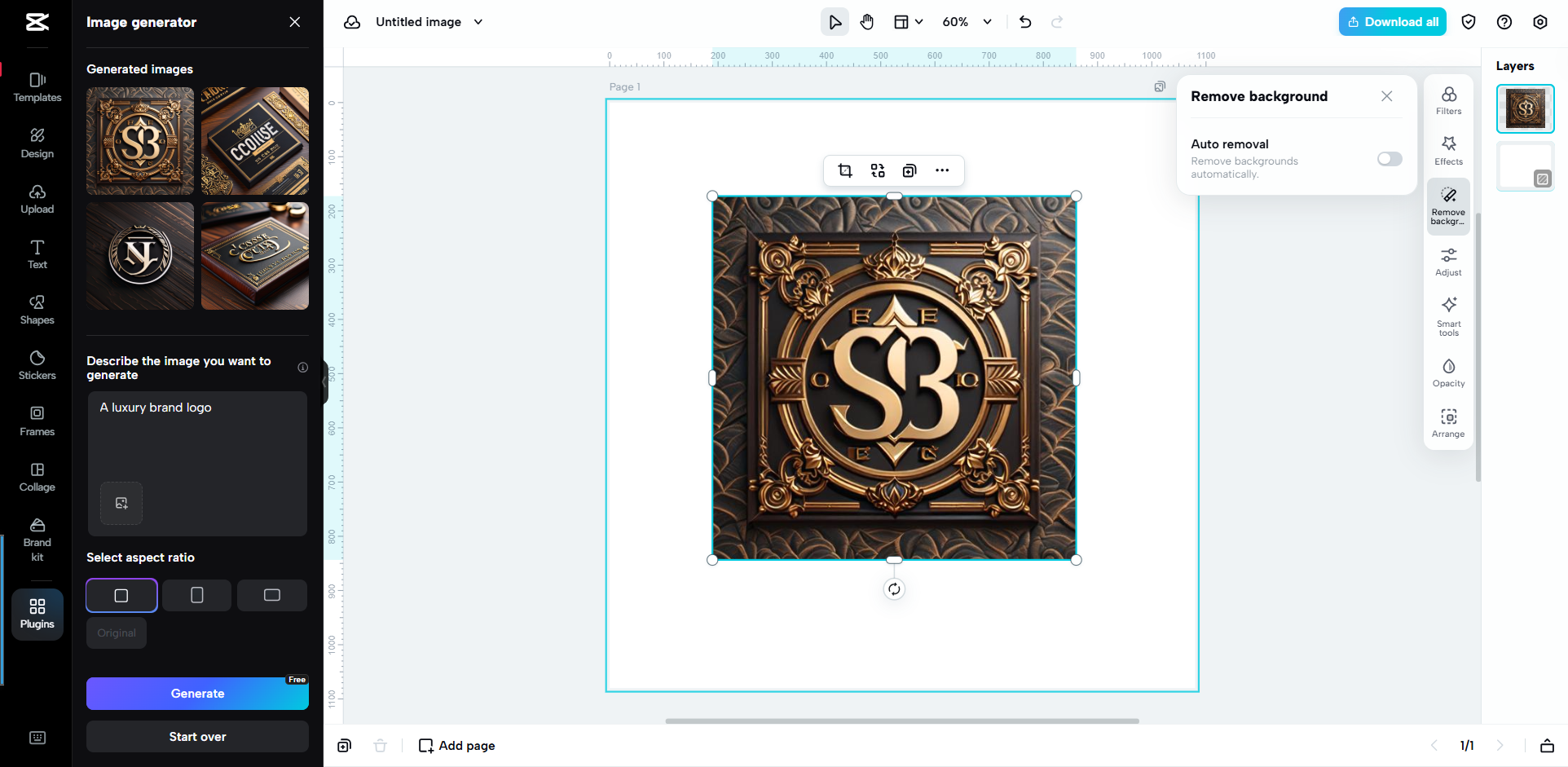 Interface ng CapCut Web - isang maraming gamit na generator ng logo para sa luxury brand