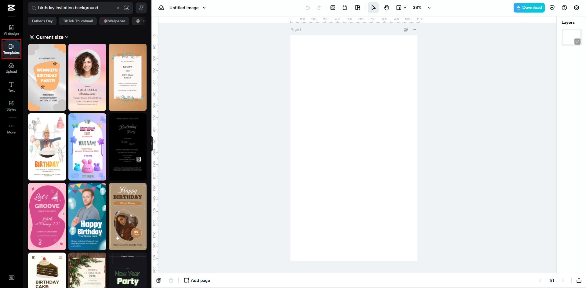 Elegir una plantilla de fondo para invitaciones de cumpleaños en CapCut Web