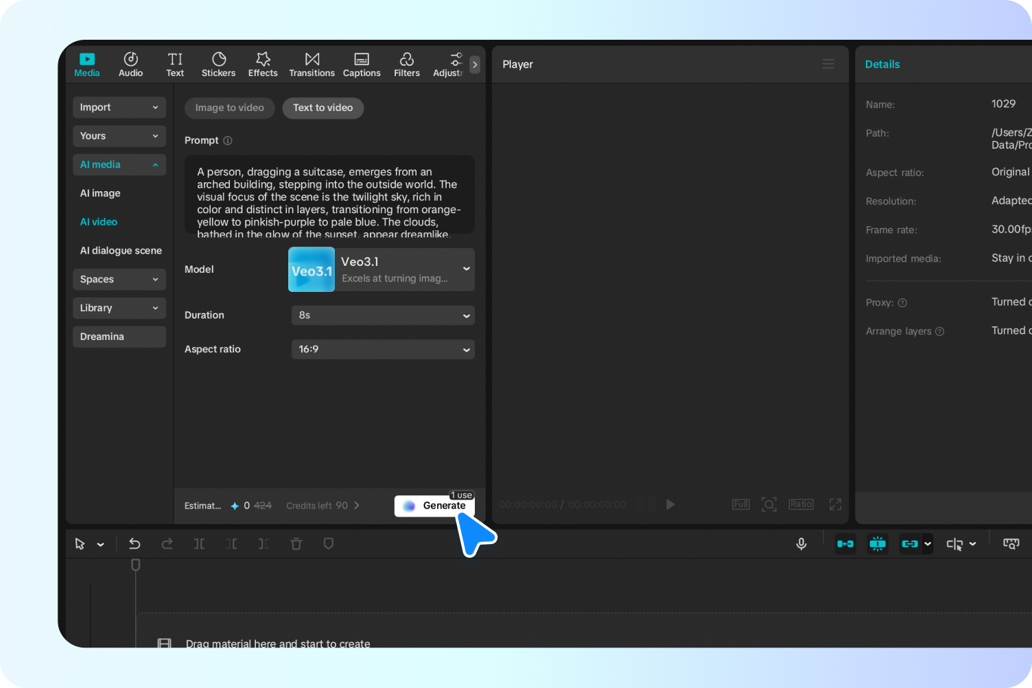 Pääsen tekoälyn tekstistä videoon -generaattoriin CapCutissa.