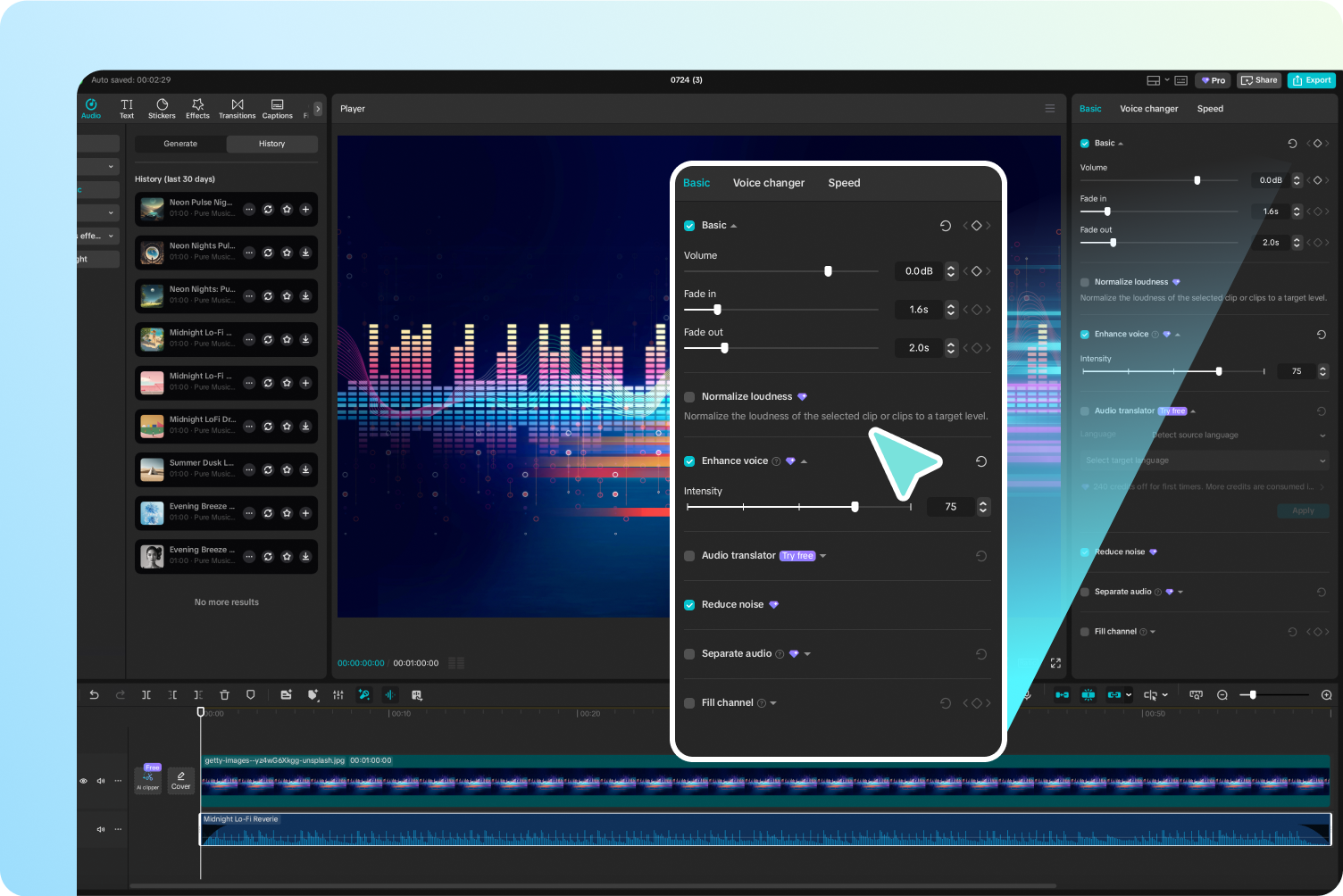 Customize the generated song with diverse audio tools in CapCut