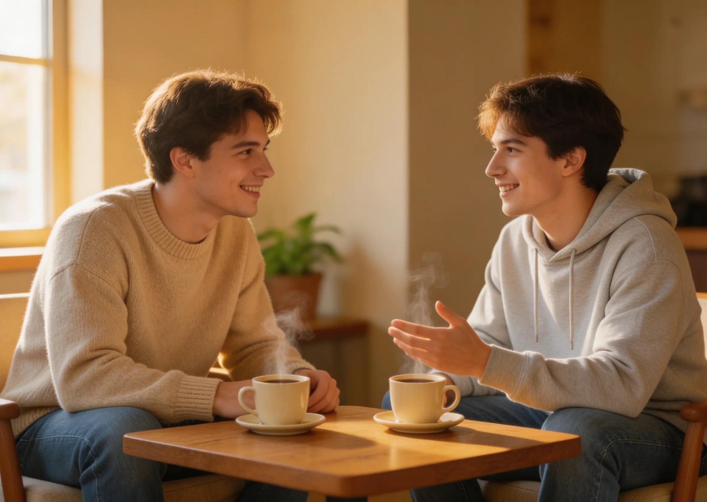 Generate an audio clip of a casual conversation between two friends in a coffee shop