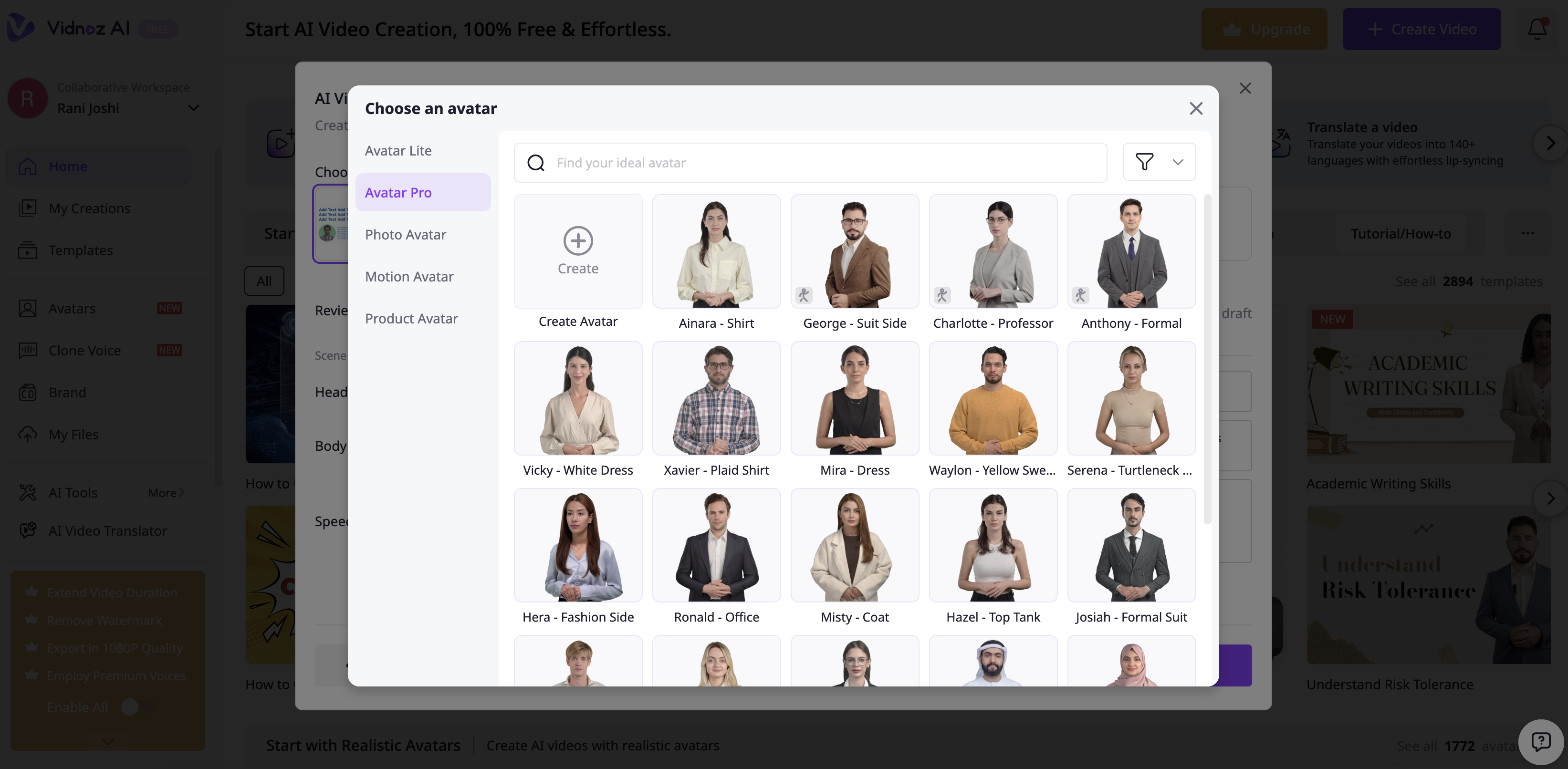 Select AI avatar and voiceover in Vidnoz