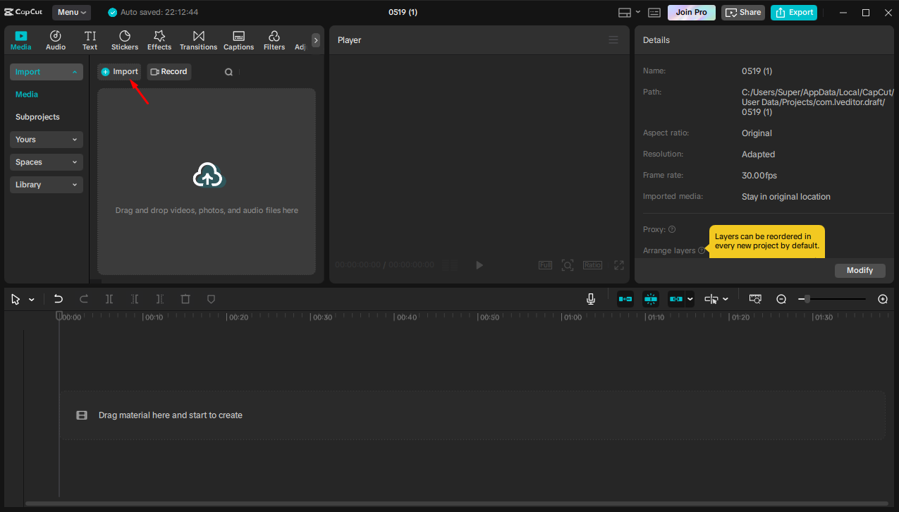 Mengimpor gambar di CapCut editor video desktop