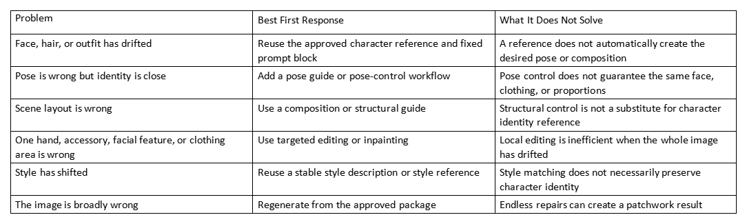 Table listing image problems, best first responses, and what each does not solve