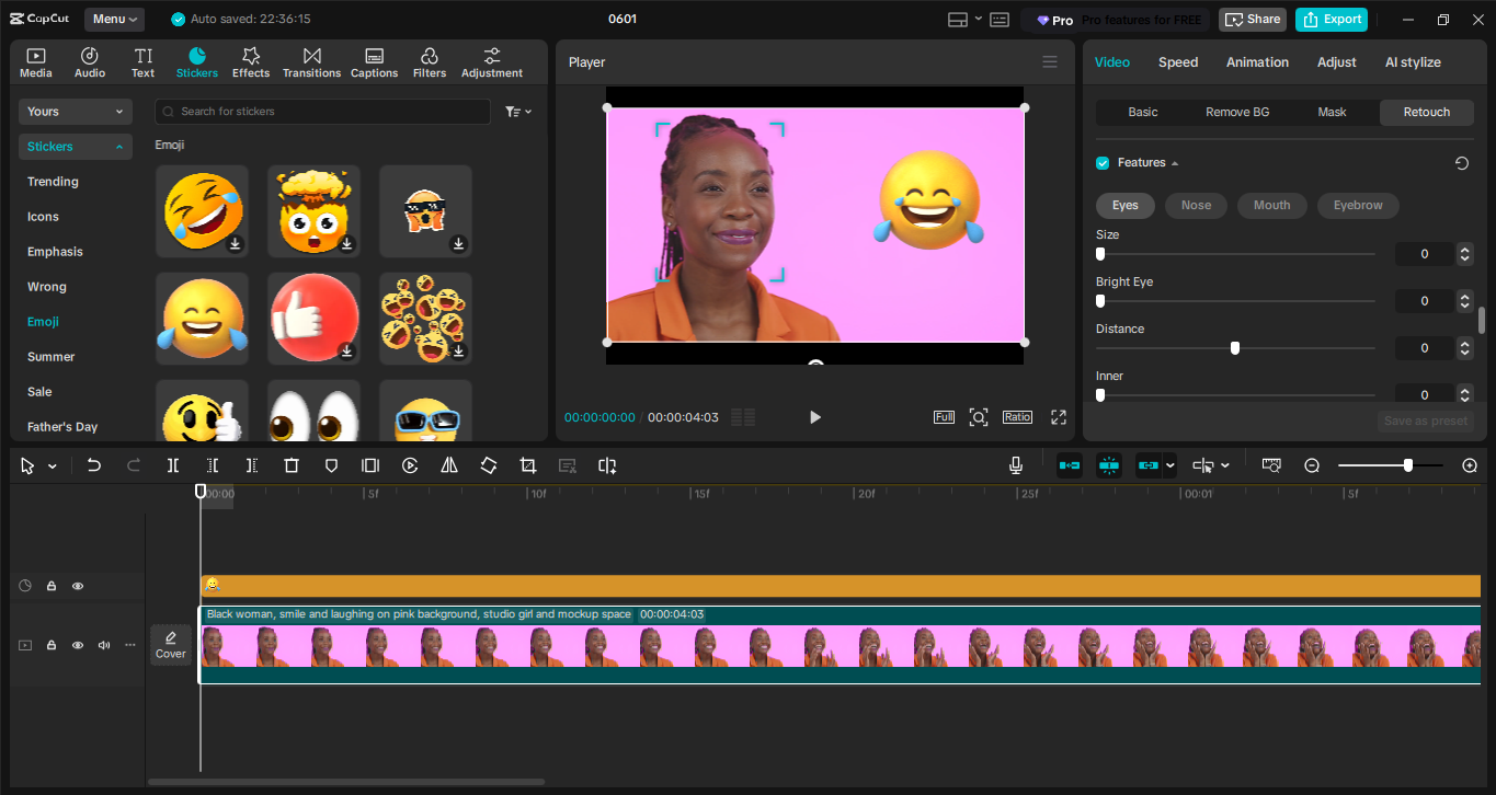 CapCut editor showing emoji stickers added to a portrait video