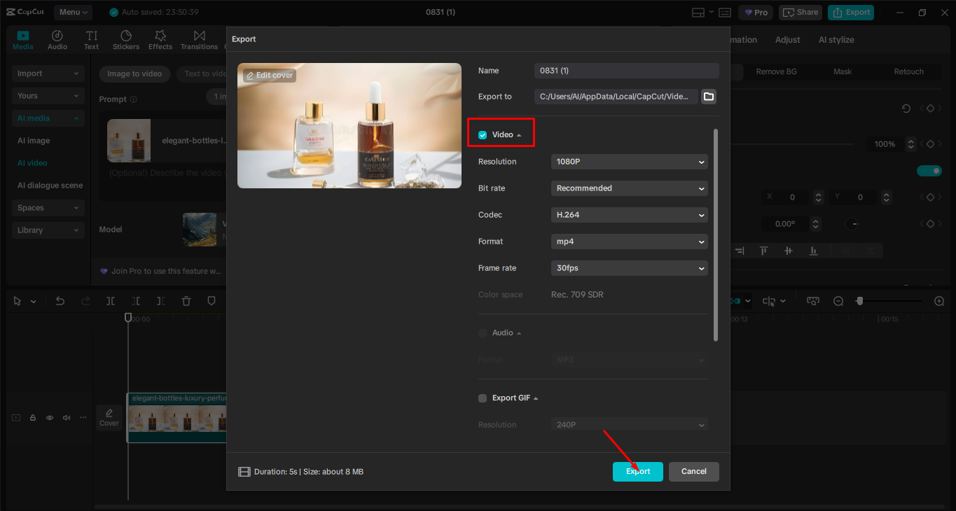 Exporting the media from the CapCut desktop video editor