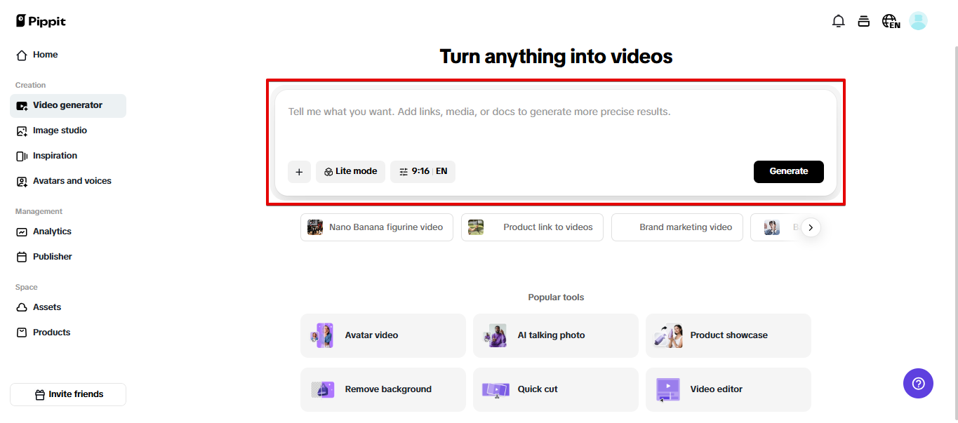 Generator wideo AI w Pippit