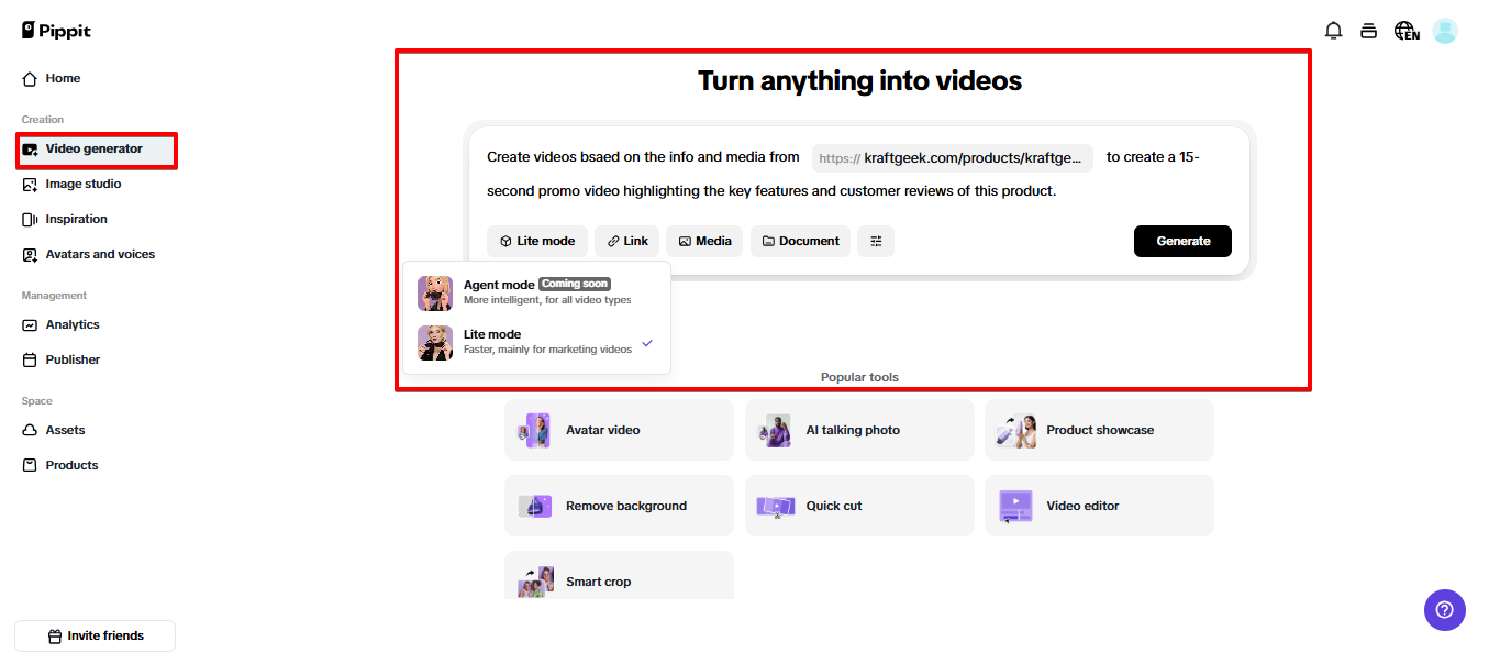 Inserire un prompt in Pippit
