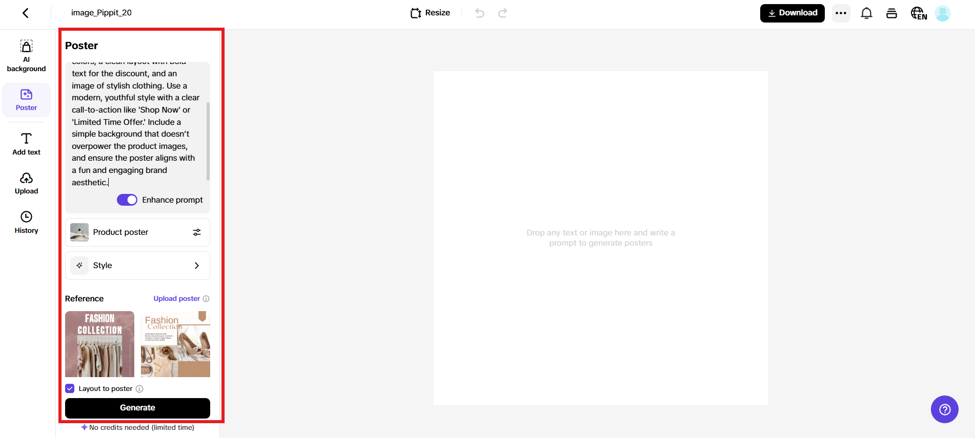 Enter prompt, choose type, style and generate poster