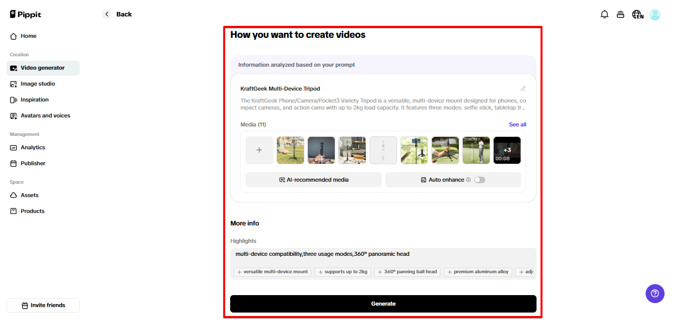 Generating video in Pippit