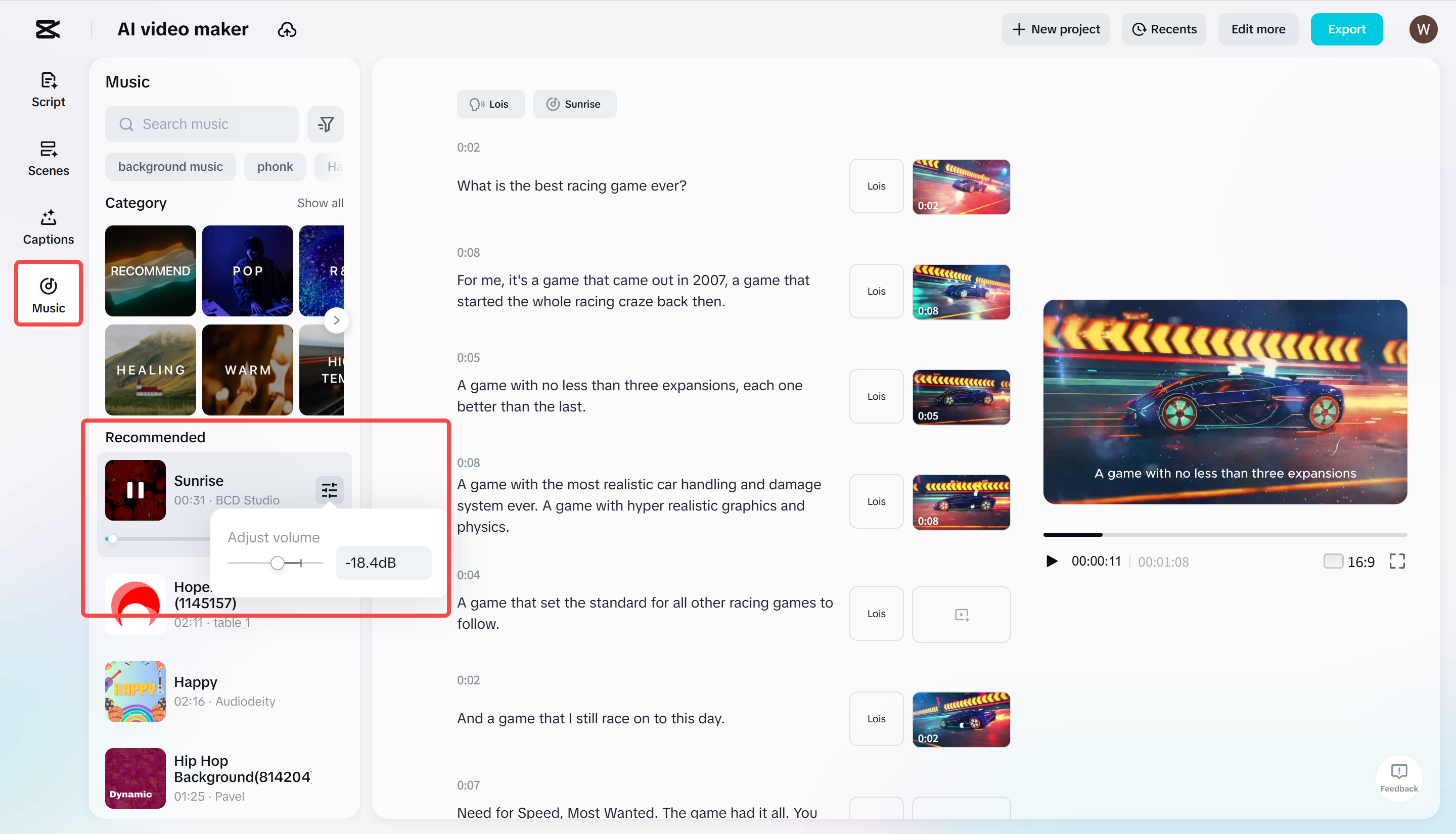 Applying music to video in CapCut's AI video maker tool