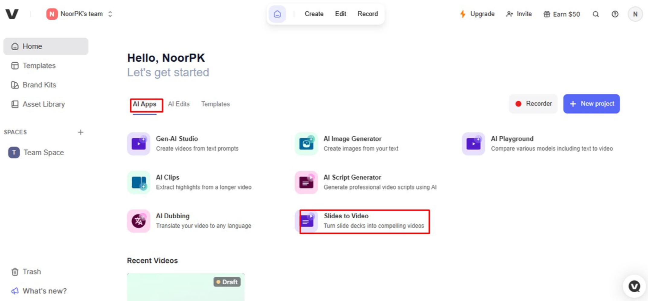 Upload your file to convert PPT to a video in Veed.io