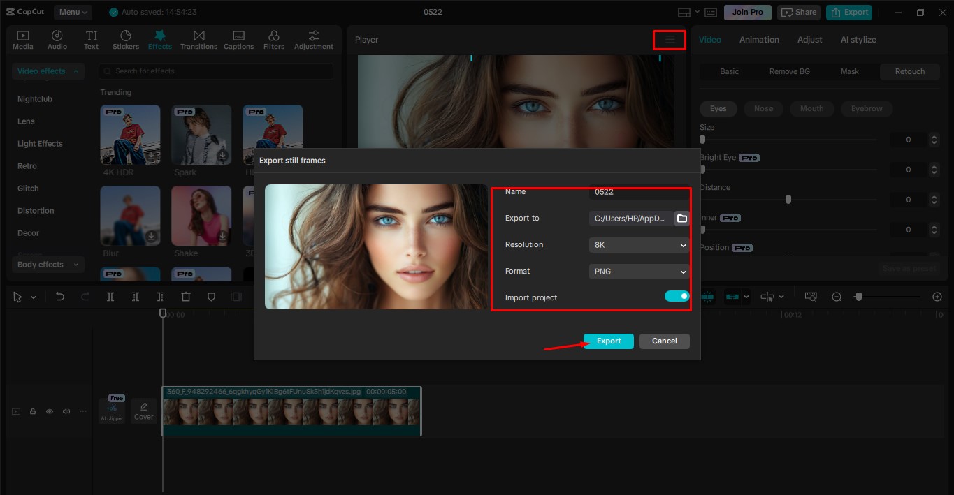 Exporte a imagem do editor de vídeo para desktop CapCut