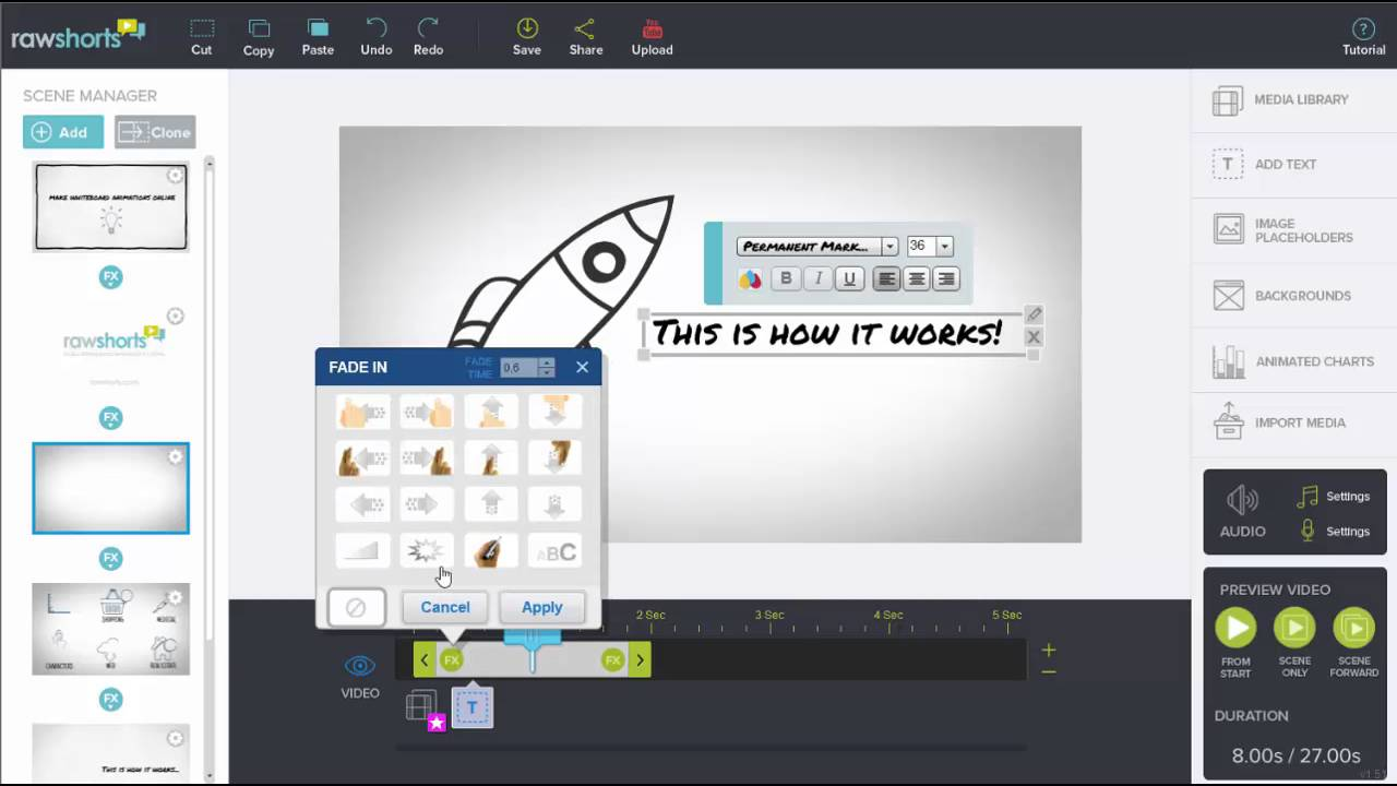 Interfața RawShorts - producătorul perfect de animație online pentru tablă albă