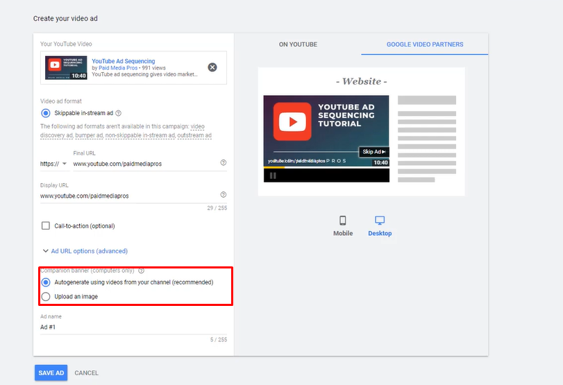 Přizpůsobení reklamního banneru YouTube na reklamách Google