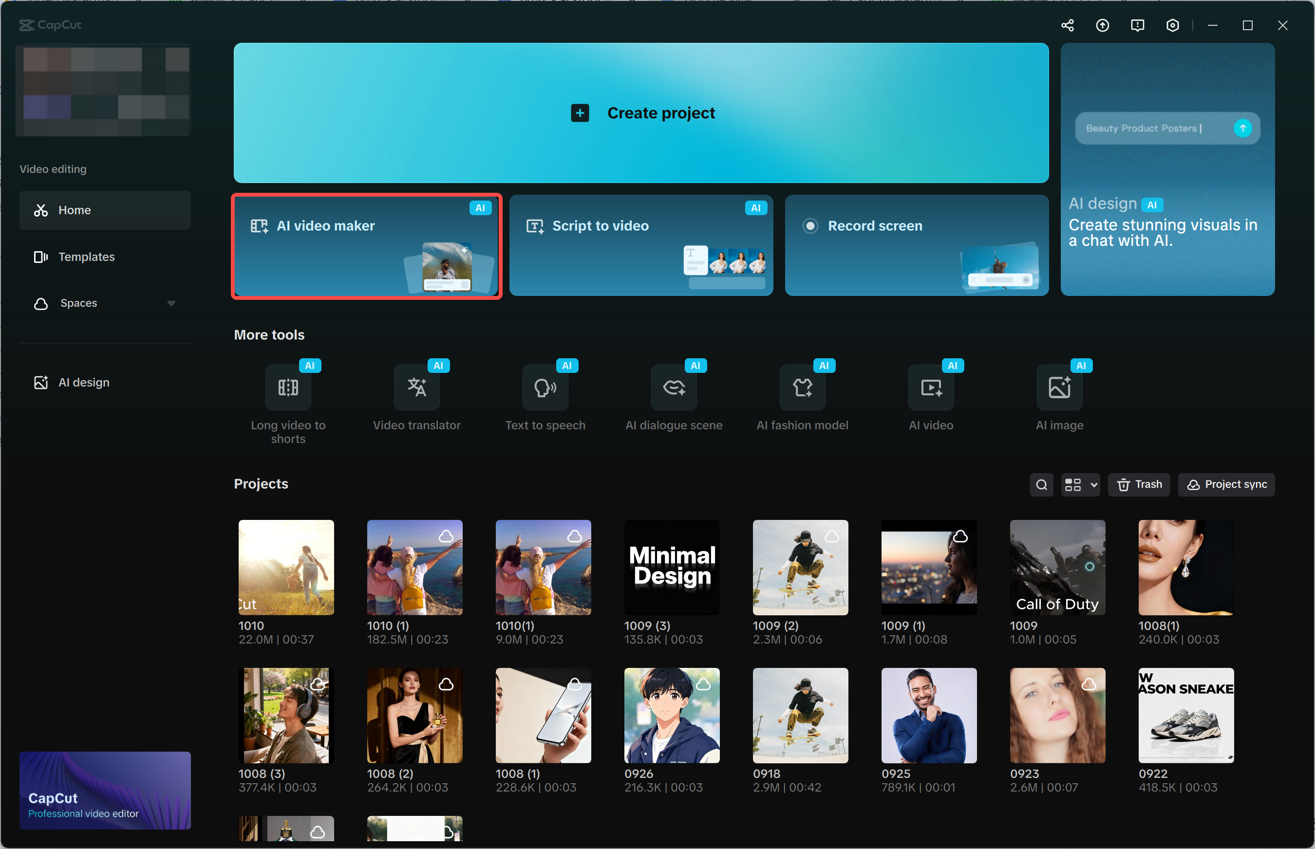 Accessing the AI video maker in CapCut