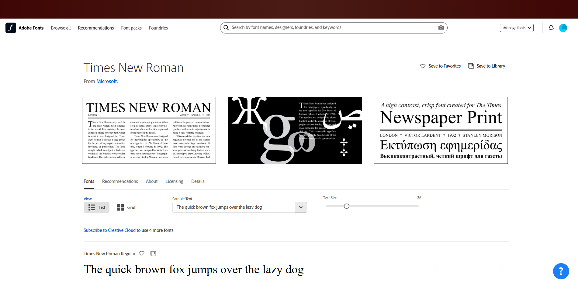 Giao diện của Adobe Fonts - một trang web trực tuyến để nhận phông chữ La Mã mới của Times miễn phí