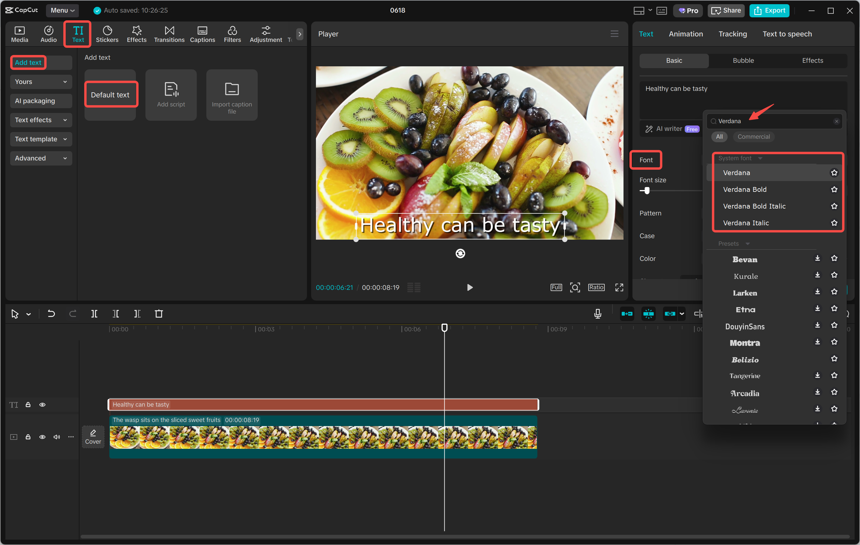 Applying Verdana font to the text using the CapCut desktop video editor