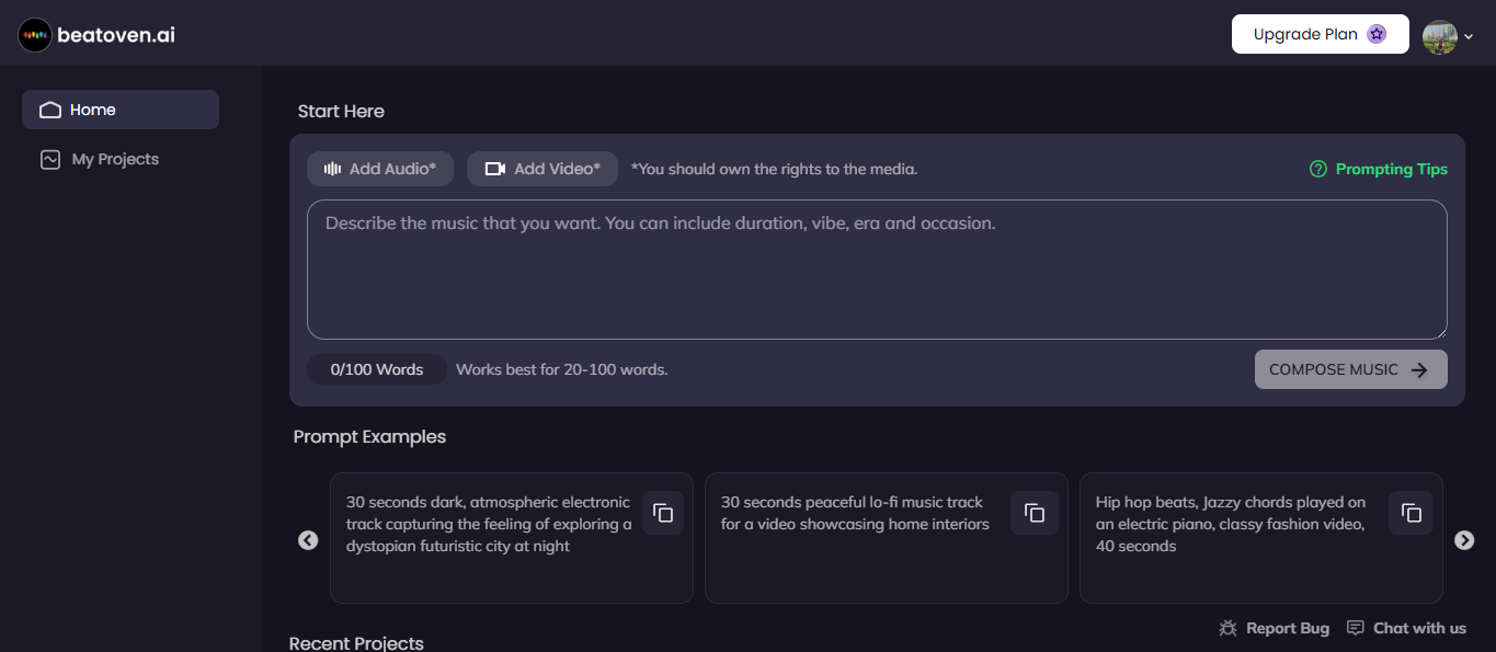 Beatoven.ai's interface