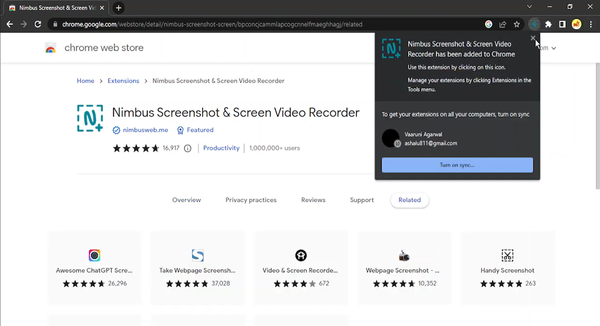 Confirming the installation of Nimbus screenshot Chrome extension