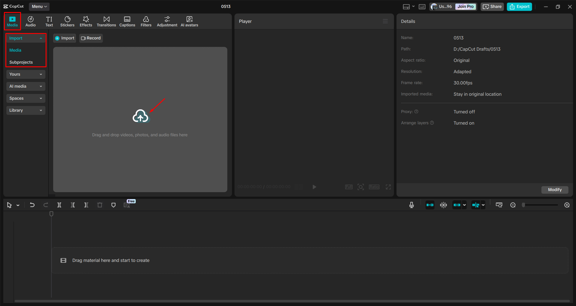Importazione di un video nell' CapCut editor video desktop