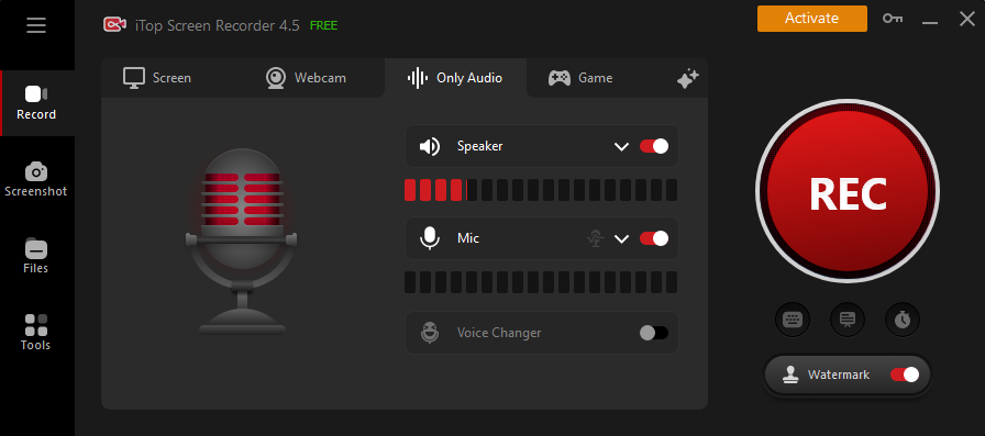 Interfaz de iTop Screen Recorder - grabadora de audio interna conocida