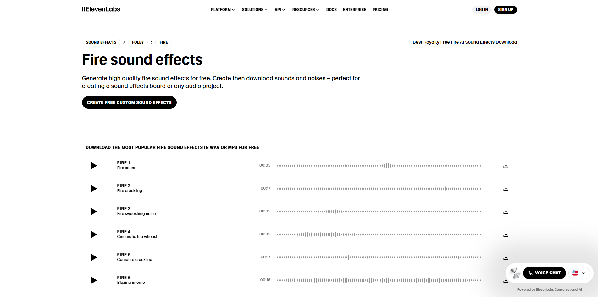 Interface of ElevenLabs - another site for free fire crackling sound effect