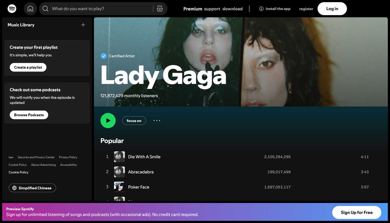 Artis dari lagu yang paling banyak diputar di Spotify minggu ini: Lady Gaga