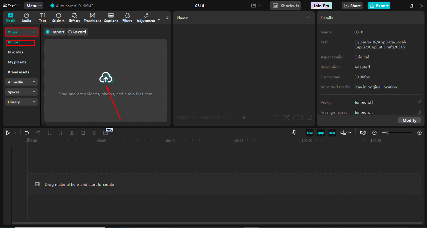Caricamento di video nell' CapCut editor video desktop