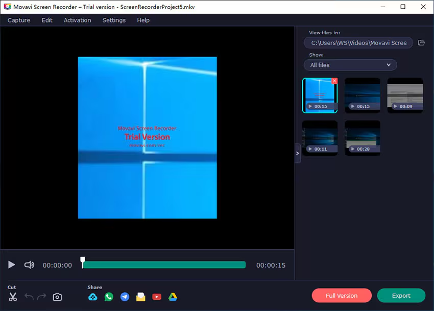 Interfaz de Movavi Screen Recorder: una grabadora de pantalla efectiva que graba audio interno en la PC