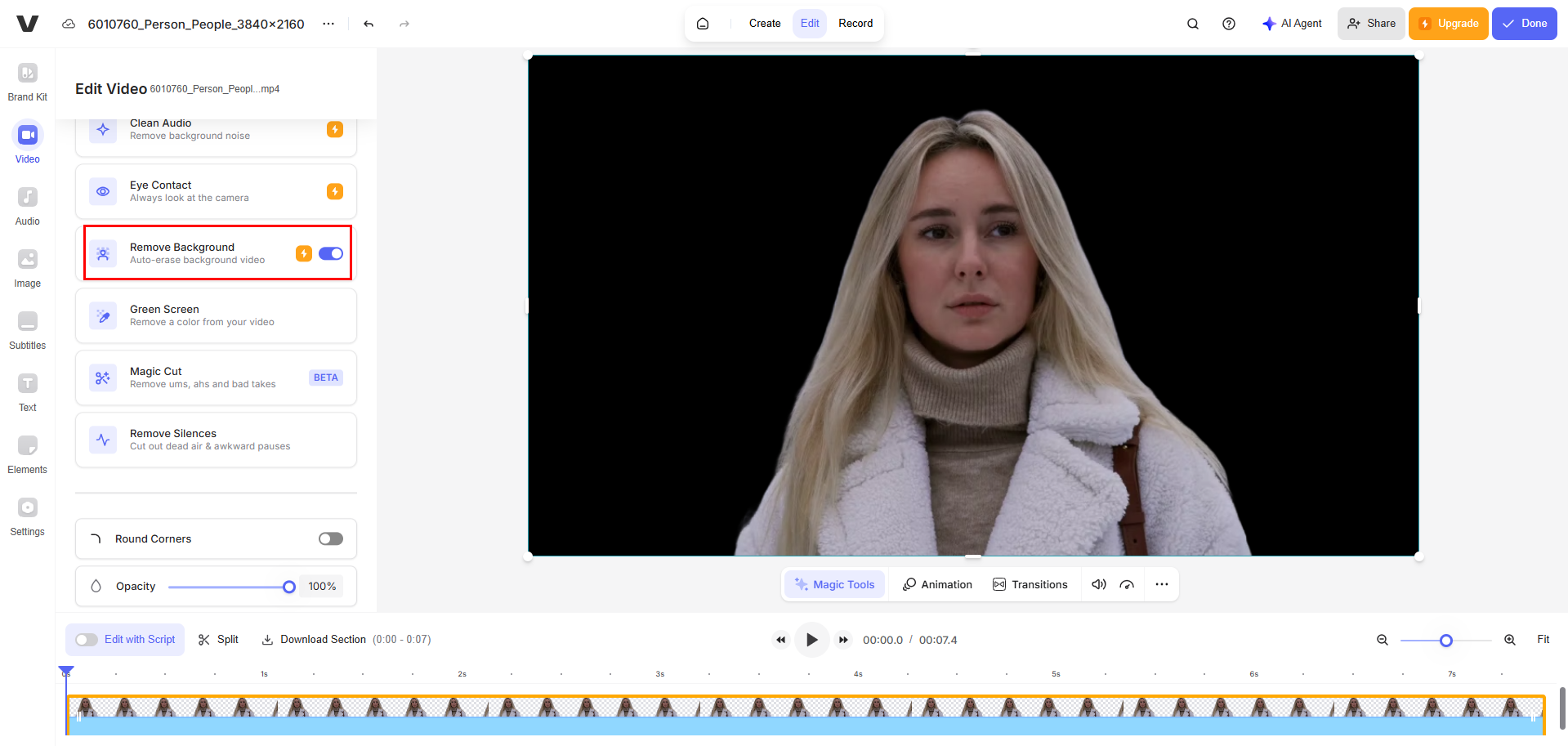 VEED.IO , akıllı bir video arka plan düzenleyicisine sahip web tabanlı bir video düzenleme aracıdır.