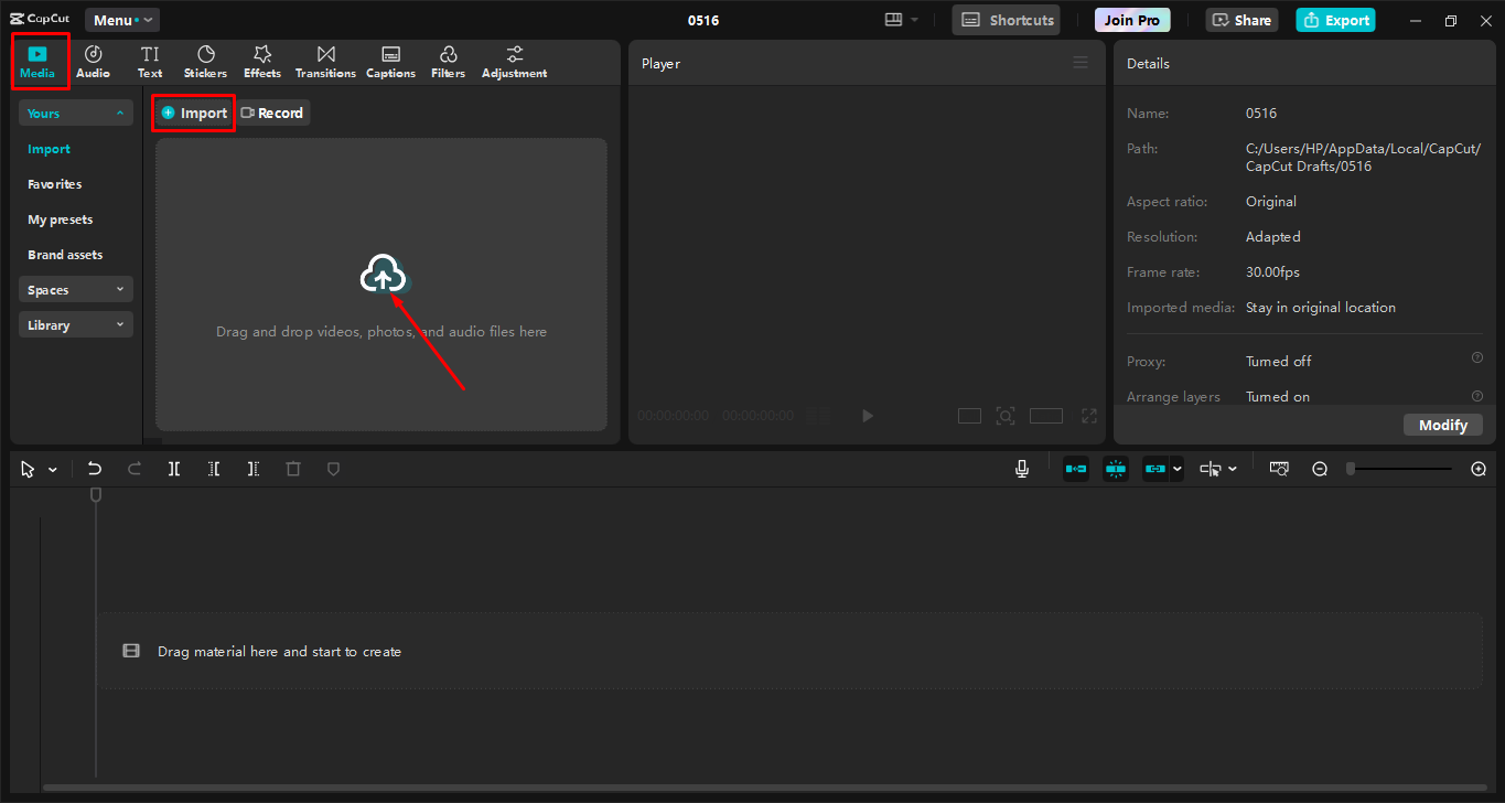 Importar imágenes en el CapCut editor de vídeo de escritorio