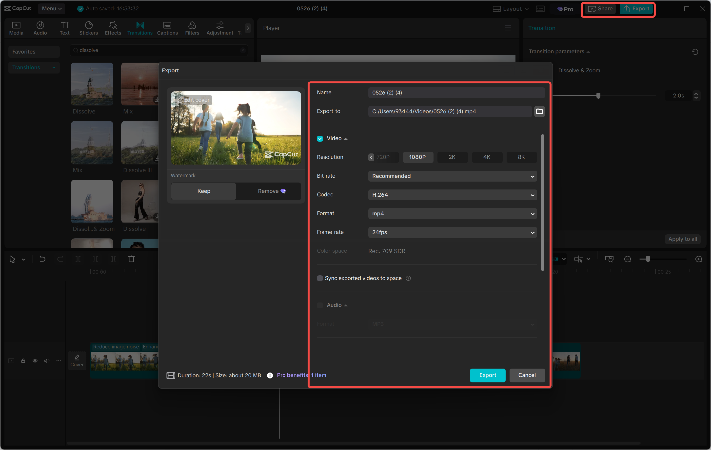 Esportazione di un video dall' CapCut editor video desktop