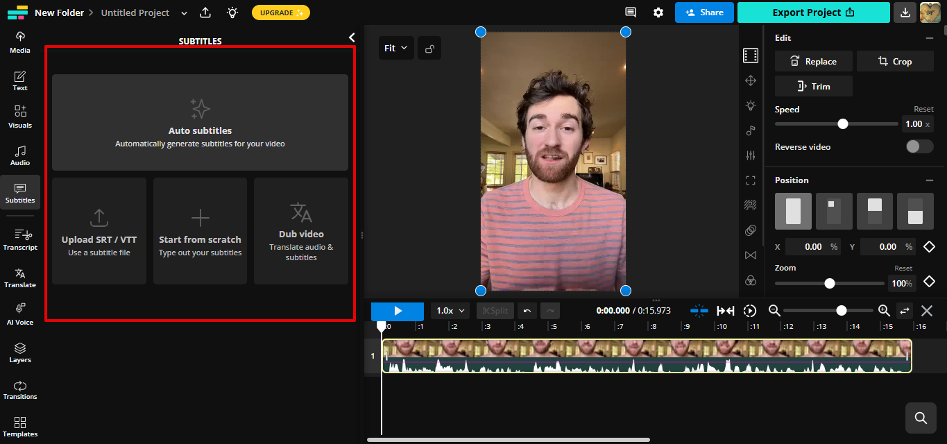 Translatorul de subtitrări Kapwing