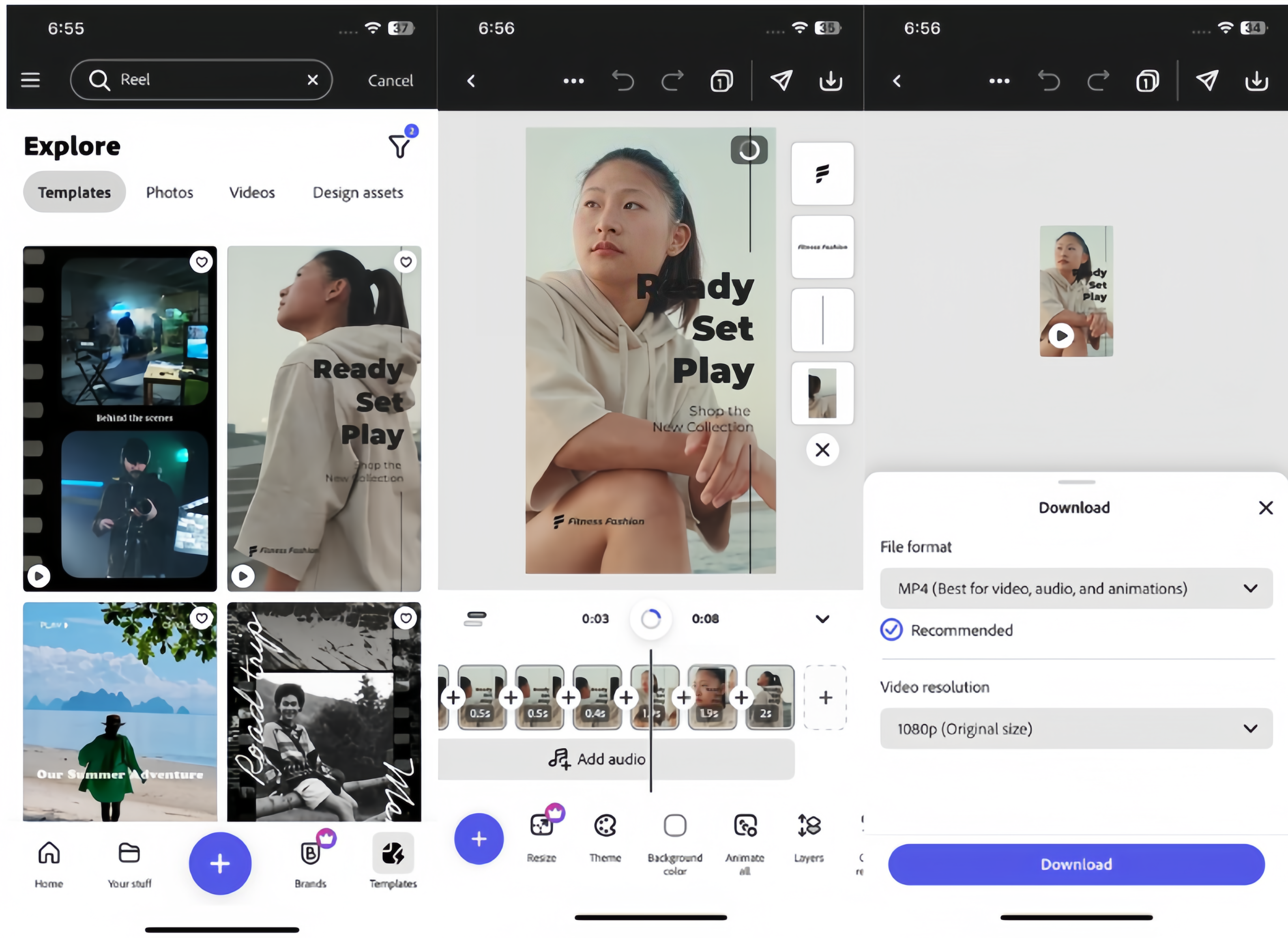 Interface of Adobe Express - a user-friendly reel template app
